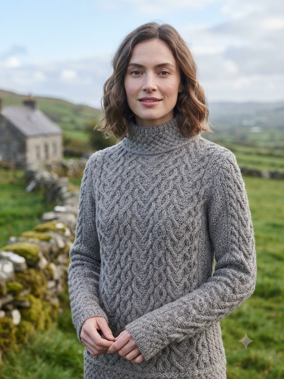 Authentic Irish Aran Mor Grey Cable Knit Turtleneck 100% Merino Wool Sweater